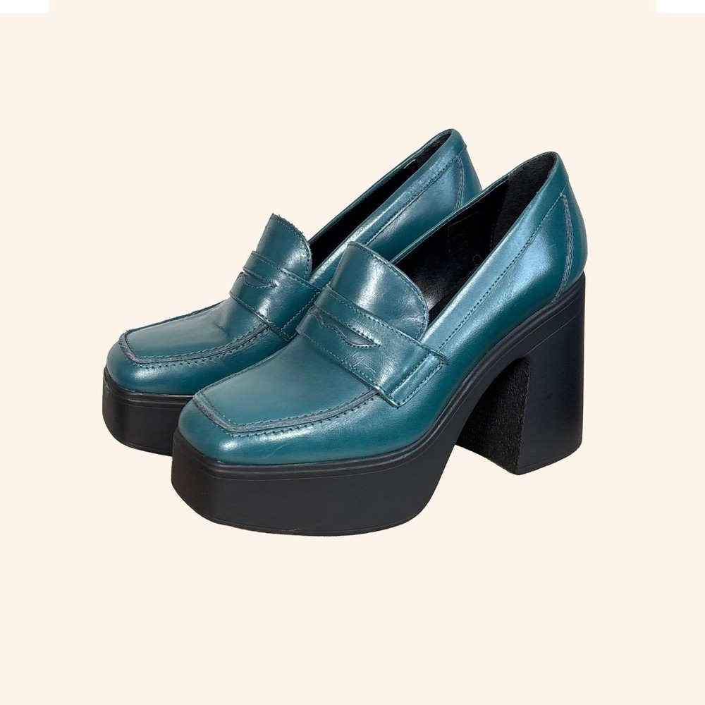 Free People Teal Leather Platform Penny Loafers